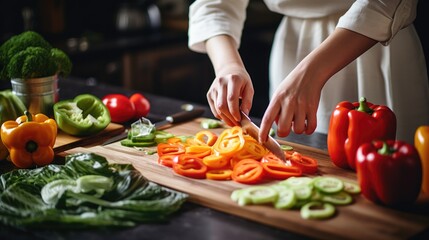 Obraz na płótnie Canvas Cook slicing a Bell pepper into slices
