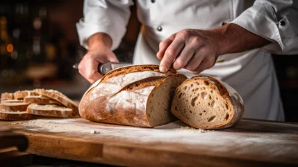 Foto auf Acrylglas Brot Cook slicing a bread in a kitchen