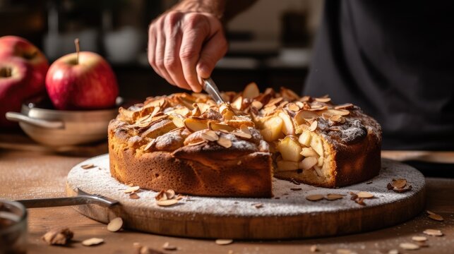 Cook Slicing A Apple Cake Into Slices