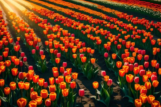 "A dew-kissed morning in a countryside: vibrant tulips swaying gently, basking in the soft sunlight, their vivid hues painting a picturesque scene."