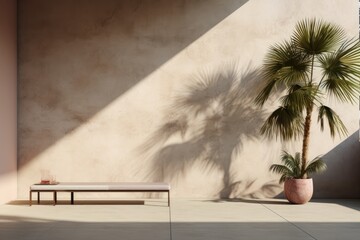 Fototapeta na wymiar Simplified depiction of product placement against a concrete wall, accompanied by a faint shadow from a palm tree. The aesthetic showcases a luxurious summer vibe within an architectural interior. The