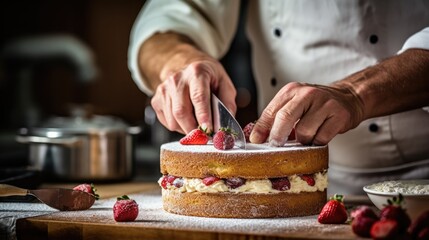 Cook slicing a Genoise cake into slices