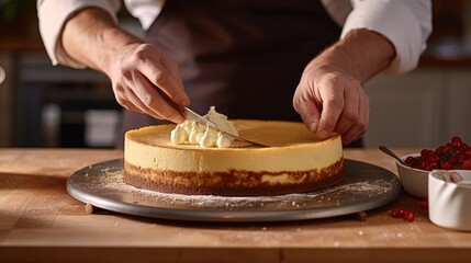 Fototapeta na wymiar Cook slicing a New York Style Cheese cake into slices