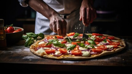 Cook slicing a pizza into slices
