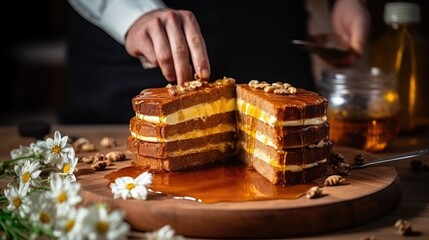 Cook slicing a Russian Honey cake into slices