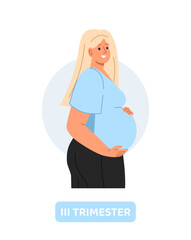 Woman in pregnancy stage concept. Young girl with belly. Expectant mother, biology and anatomy. Poster or banner for website. Cartoon flat vector illustration isolated on white background