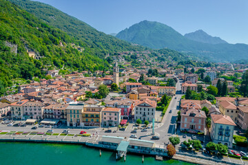 Porlezza town, Lugano Lake. Aerial panoramic photo of town in Lugano Lake between Switzerland and Lombardy, Italy