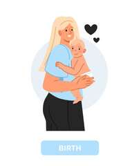 Woman in pregnancy stage concept. Young girl with baby. Mother with kids, biology and anatomy. Template and mock up. Cartoon flat vector illustration isolated on white background