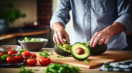 Obraz na płótnie Canvas Cook slicing avocados in a kitchen