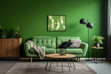 The contemporary living room incorporates a green color scheme, featuring a soft couch and a green painted wall.