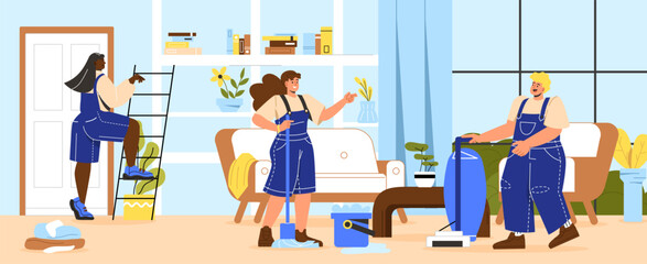 Professional cleaning service concept. Men and women in uniform in apartment. Hygiene and cleanliness, routine and household chores. Workers with bucket and mop. Cartoon flat vector illustration