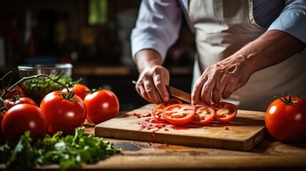 Cook slicing tomatoes in a kitchen