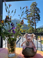 A toy cute pig sits on a table on the balcony near the wildflowers. Funny photo. Toy tourist in the mountains