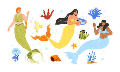 Set of mermaids concept. Women with colorful fish fins. Fairy tale, imagination and fantasy, fictional characters. Reefs and corals. Cartoon flat vector collection isolated on white background
