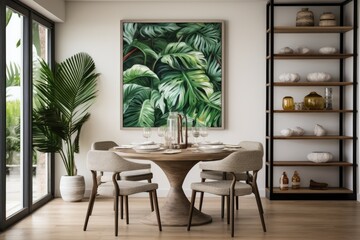 Obraz premium Stunning arrangement of interior for the dining room featuring a beautifully designed table, contemporary chairs, decorative items, a vase with tropical leaf, fresh fruits, a bookcase, abstract mock