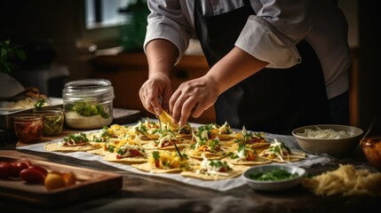Obraz na płótnie Canvas Mexican Cook preparing Chesse Nachos in a kitchen