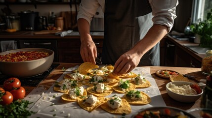 Mexican Cook preparing Chesse Nachos in a kitchen