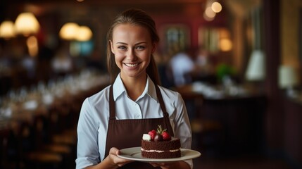 Young female waitress presents a piece of Mocha cake