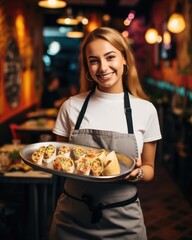 Young waitress presents a dish with Burritos - food photography