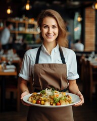 Young waitress presents a dish with Caesar Salad - food photography