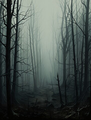 creepy forest in horror style, trees without leaves, fog, created with Generative AI technology