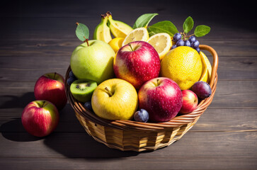 Panier de fruits avec des pommes, kiwis, raisin et citrons. Generative AI.