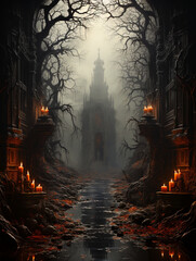 creepy castle in horror style, trees without leaves, fog, created with Generative AI technology