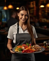 Young waitress presents a dish with Fajitas - food photography