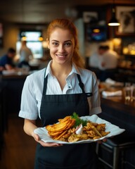 Young waitress presents a dish with Fish and Chips - food photography