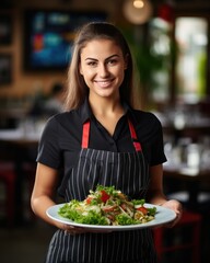 Young waitress presents a dish with Greek Salad - food photography