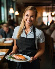 Young waitress presents a dish with Grilled Salmon - food photography