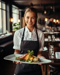Young waitress presents a dish with Grilled Salmon - food photography - 629705167