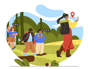 Trekking in woods concept. Woman with compass and backpack leads children on hike. Active lifestyle and outdoor recreation. Tourists and travelers. Cartoon flat vector illustration