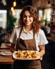 Young waitress presents a dish with Nachos with cheese