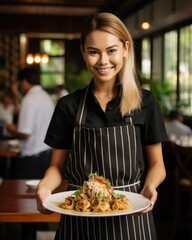 Young waitress presents a dish with Pad Thai - food photography