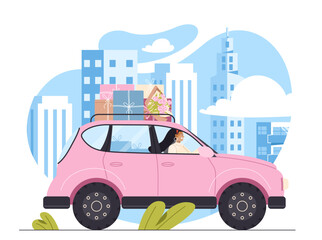 Woman driving car with gifts concept. Young girl with pink transport or automobile. New Years and Christmas. Character carrying presents, colorful boxes. Cartoon flat vector illustration