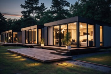 Single story modular homes featuring large, floor to ceiling windows. These homes are constructed using sandwich panels.