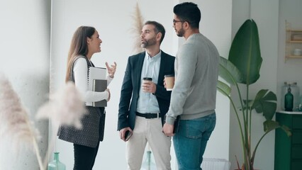 Video of smart entrepreneurs working while talking in a meeting on coworking space.