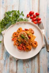 linguine with giant shrimp cherry tomatoes and parlsey