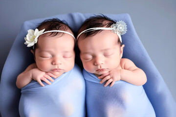 Cute twin baby girls sleeping on blue background. - obrazy, fototapety, plakaty
