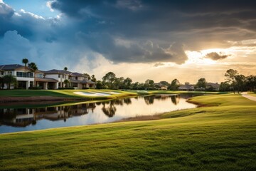 The concept of a cloudy day in a new golf community in Bonita Springs, Florida related to the real estate background.
