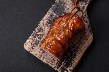 Delicious smoked bacon with salt, spices and herbs