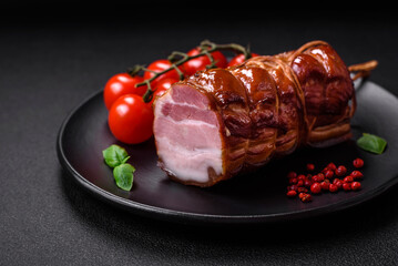Delicious smoked bacon with salt, spices and herbs