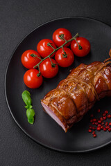 Delicious smoked bacon with salt, spices and herbs