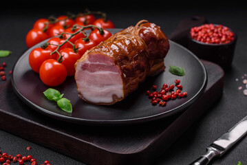 Delicious smoked bacon with salt, spices and herbs