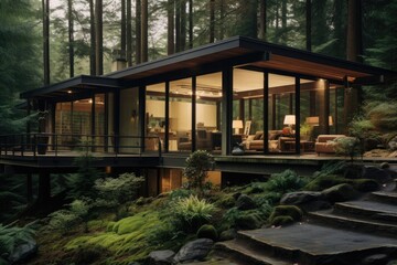 Fototapeta premium Stunning, recently constructed upscale house showcasing an enchanting outdoor scenery of a dense forest.