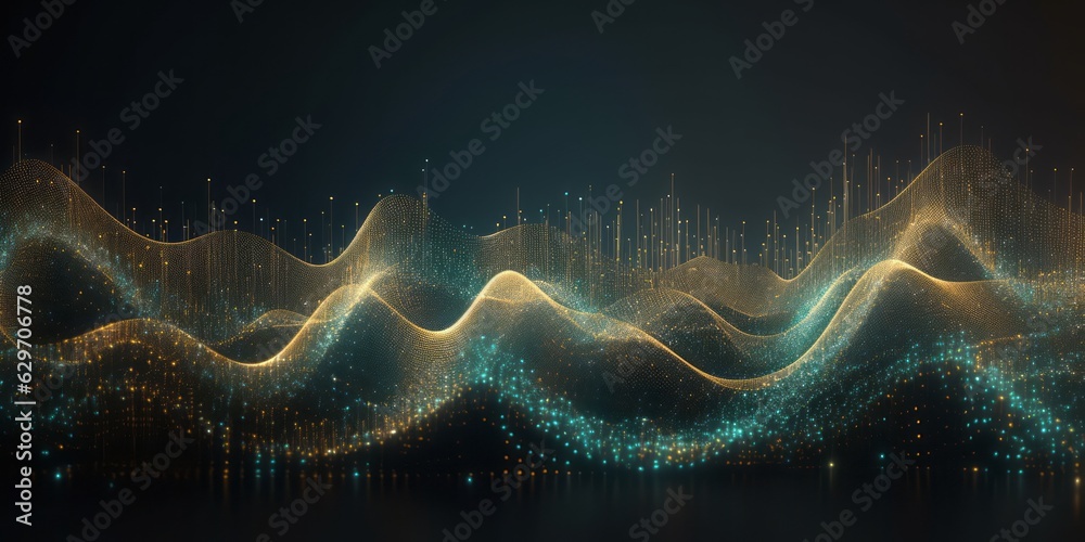 Poster Abstract Graph of Waves in Light Cyan and Gold on Dark Background, Creating a Futuristic Panorama with Bokeh Elements, Infinity Nets, and Confetti-Like Dots