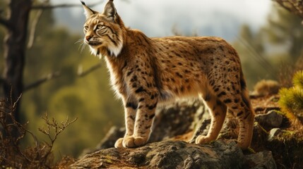 Naklejka na ściany i meble Adult Iberian lynx in nature side view. Iberian lynx rare animal. Photo Ai generated