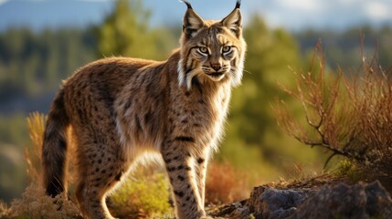Obraz premium Photo of an adult Iberian lynx in natural habitat. Photo Ai generated