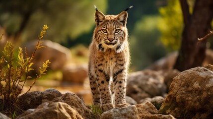 Naklejka na ściany i meble Iberian lynx rare animal. Adult Iberian lynx in nature. Photo Ai generated